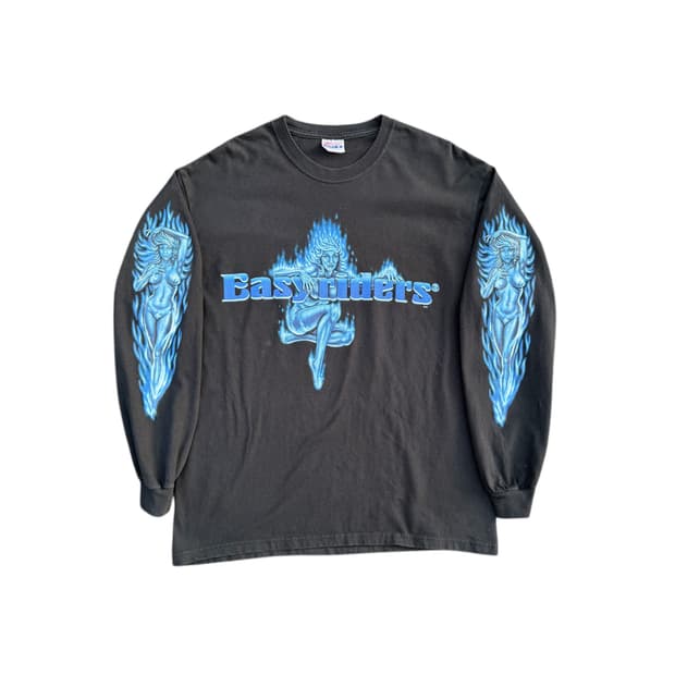 빈티지 90s Easyriders 바이커 블루 플레임 걸 롱슬리브