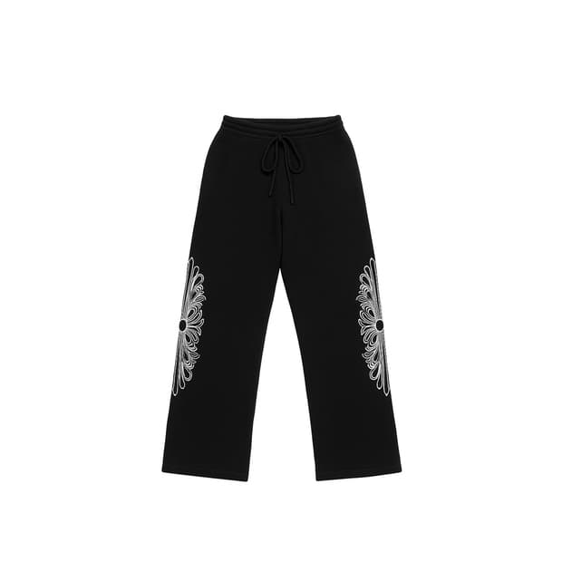 [S] 크롬하츠 캐시미어 화이트 자수 플로랄 스웨트 팬츠 블랙