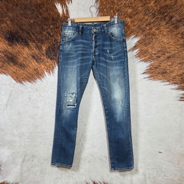 디스퀘어드2 가죽패치 데미지 중청 데님팬츠