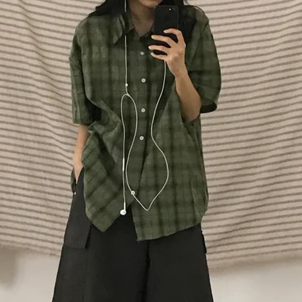 녹색 반팔 체크셔츠