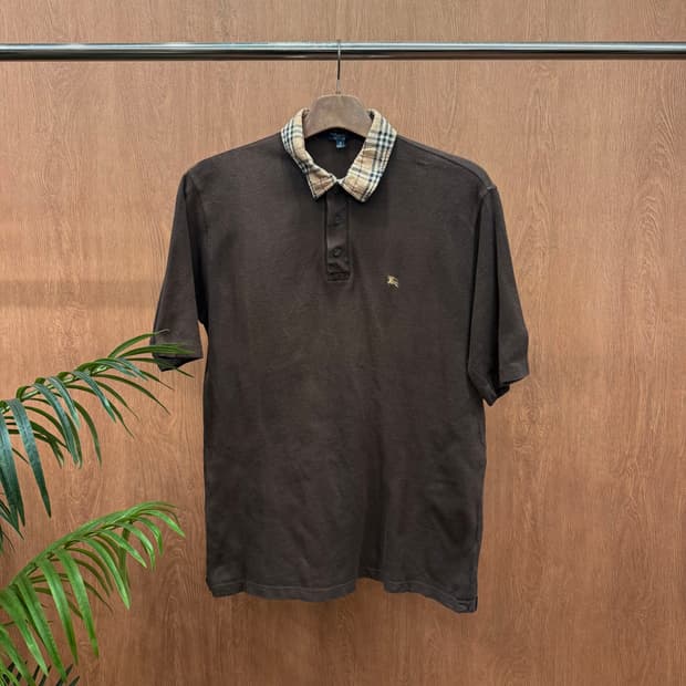 버버리 런던 노바체크 카라 반팔 폴로 셔츠 자수 로고 디테일 브라운