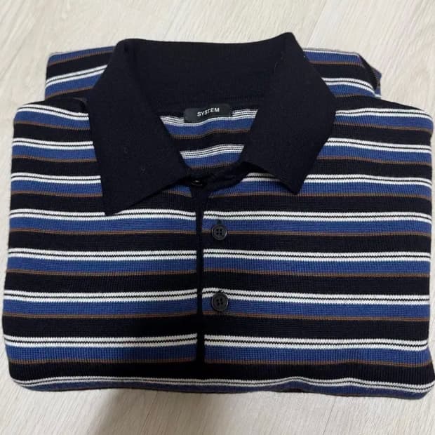 시스템옴므 울 스트라이프 칼라 니트 탑 다크 네이비 XL