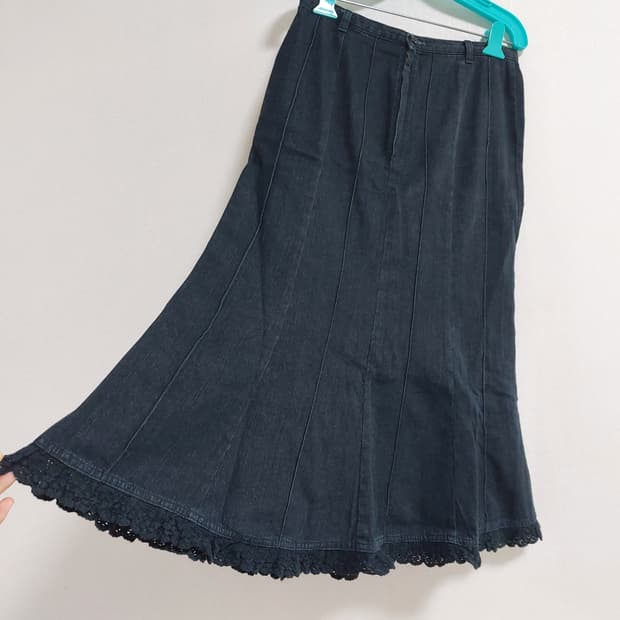 블랙 데님 크로쉐 머메이드 롱 스커트