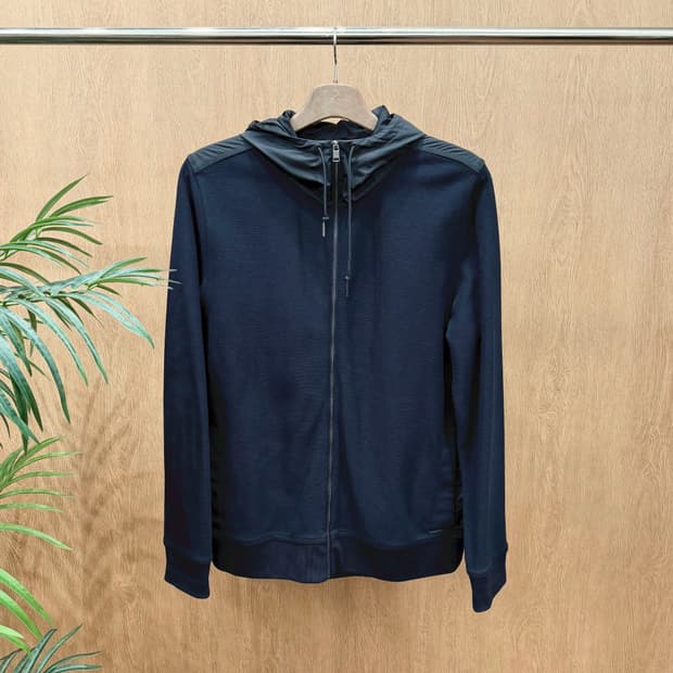 휴고 보스 코튼 저지 후드 집업 나일론 배색 디테일 슬림핏 블랙