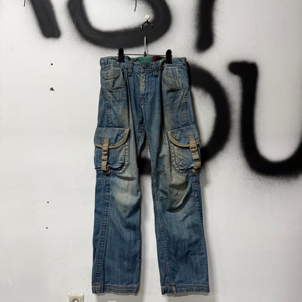 VTG 빈티지 빅사이즈 포켓 디테일 워싱 와이드 카고 데님 팬츠