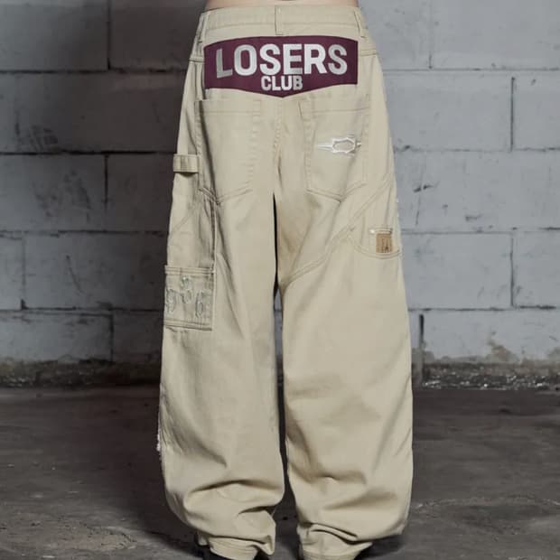 루저스클럽 더블니 데미지 카펜터 와이드 면팬츠 베이지