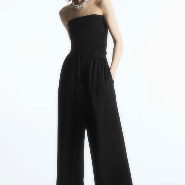 코스 텍스쳐 블랙 와이드레그 드로우스트링 팬츠 