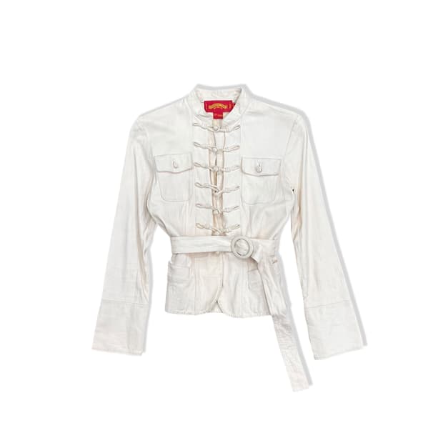 Real leather China button belted jacket