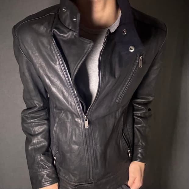 opium 램스킨 레더자켓 사선 지퍼 하이넥