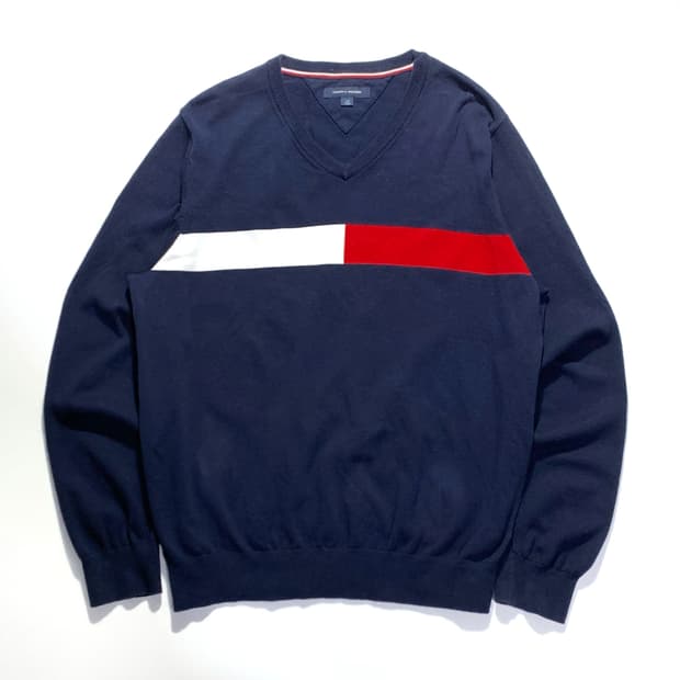 타미힐피거 플래그 브이넥 니트 네이비