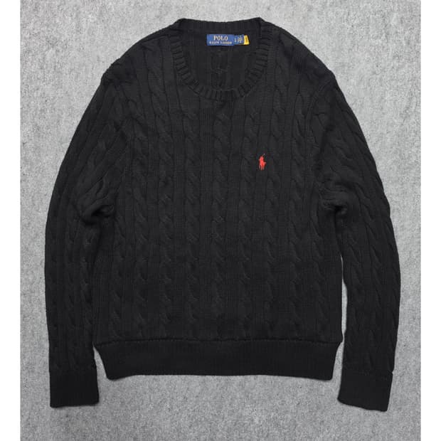 폴로 랄프로렌 꽈배기 케이블 큐알택 니트 블랙 /레드 포니 L