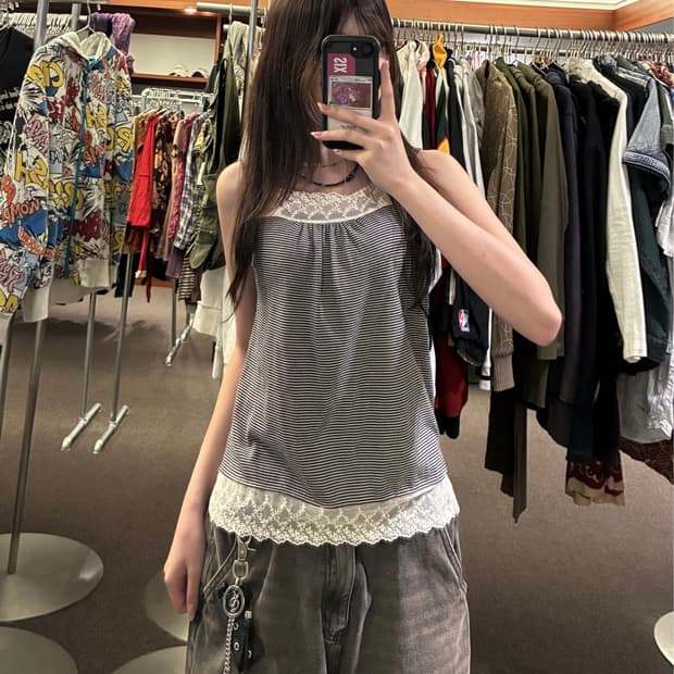 M)Japanese vintage 스트라이프 레이스 슬리브리스