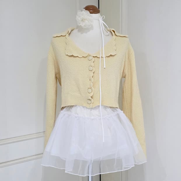 일본빈티지)히메라떼갸루st 로맨틱 러블리 옐로우 크롭 엑팜깔 니트가디건