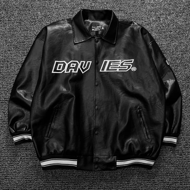 DAVIES 빈티지 블랙 비건 레더 바시티 자켓 107
