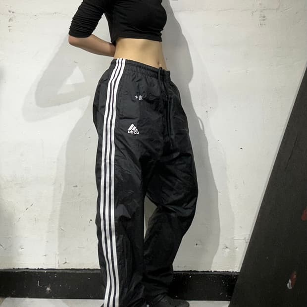 아디다스 블랙 화이트 삼선 트레이닝 와이드 트랙 팬츠 L