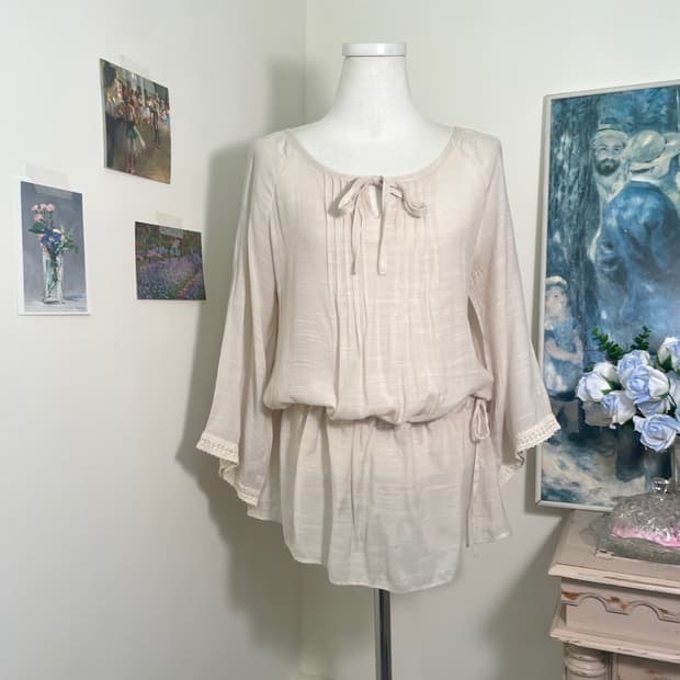 mute pinkbeige cotton bow point blouse