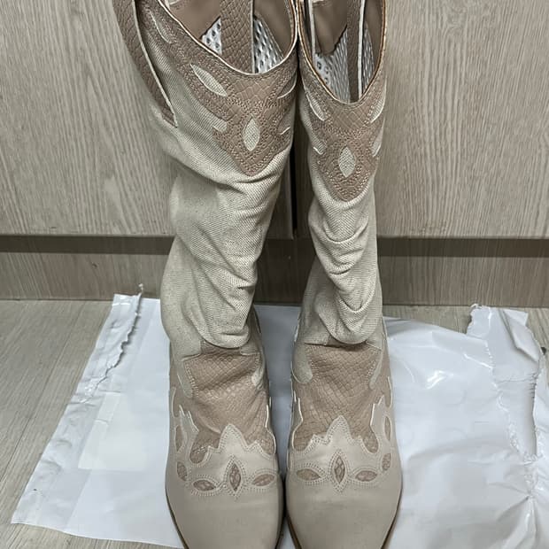 Lizee 빈티지 린넨 레더 스웨이드 웨스턴 부츠