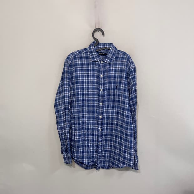 폴로 랄프로렌 네이비포니 블루 체크 린넨 셔츠 M
