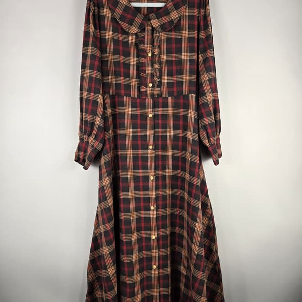 [무료배송]반에이크 F 여성 둥근카라 체크 롱 플레어 원피스