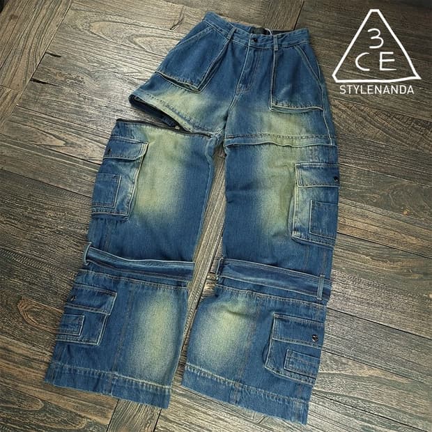 [스타일난다] (새상품) 투웨이 절개 와이드 카고 데닌 팬츠 M20115