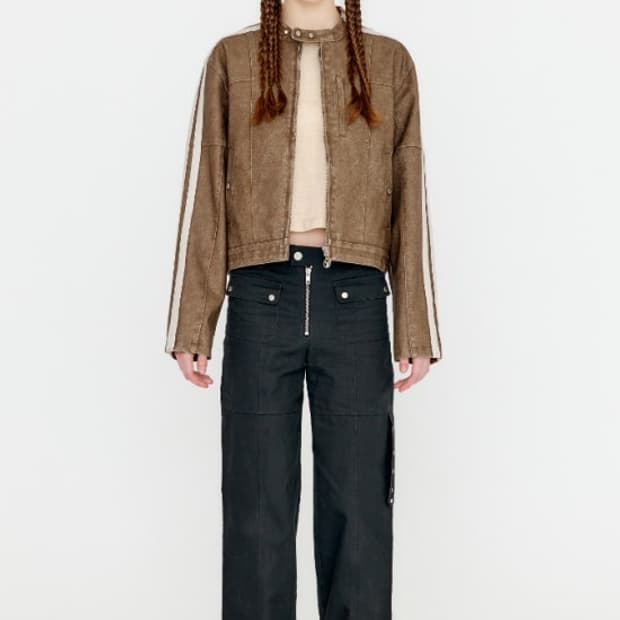 yuse 유즈 컬러블록 레더 바이크 자켓