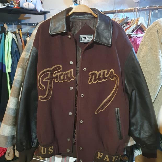 무배 FAUNUS 가죽 스타디움 바시티 자켓