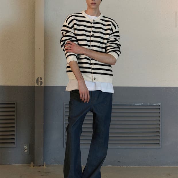 STU / 라운드 넥 스트라이프 가디건 / 아이보리