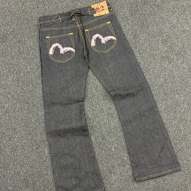 28)에비수 빈티지 포켓 핑크자수 신치백 여성 셍비지 데님팬츠 