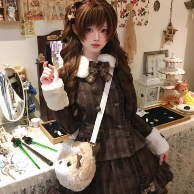 브라운 체크 로리타 투피스 세트 라떼갸루 초코 빈티지 갸루 러블리히메갸루