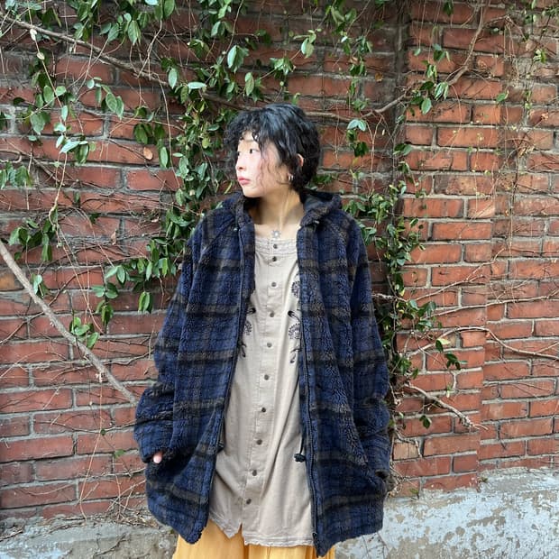 Piko 블루 체크 오버핏 플리스 집업 아우터