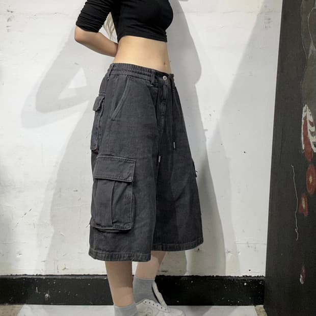 버커루 흑청 와이드 데님 하프 팬츠 버뮤다 카고 바지 