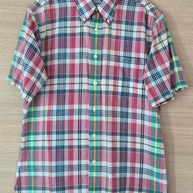 브룩스브라더스 반팔 체크 버튼다운 슬림핏 마드라스 셔츠