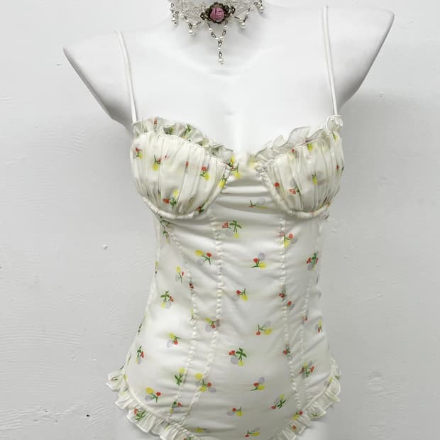 플로럴 셔링 프릴 바디수트