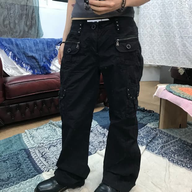 빈티지 여성 스터드 블랙 카고팬츠 