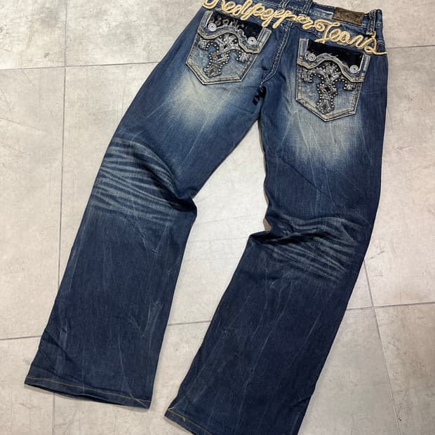 RED PEPPER 락펑크 십자가 와이드 데님 팬츠 