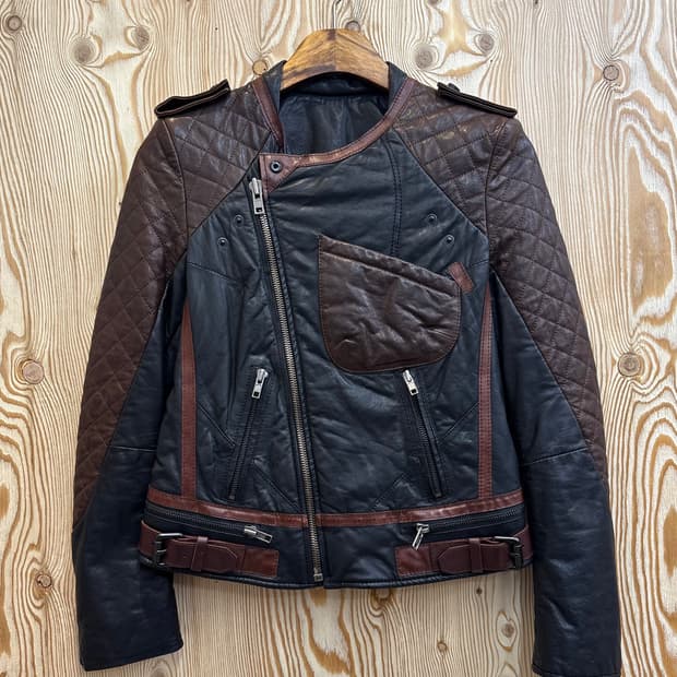 시스템 투톤 레더 라이더 자켓