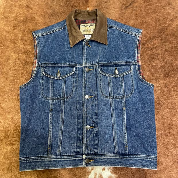 90's 랭글러 레더 카라 체크 라이닝 데님