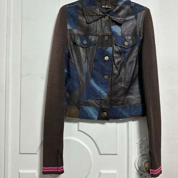 바닐라 비 레더 데님 패치워크 자켓