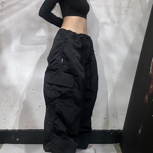 엑스톤즈 블랙 와이드 나일론 셔링 트랙 팬츠 카고 바지 L