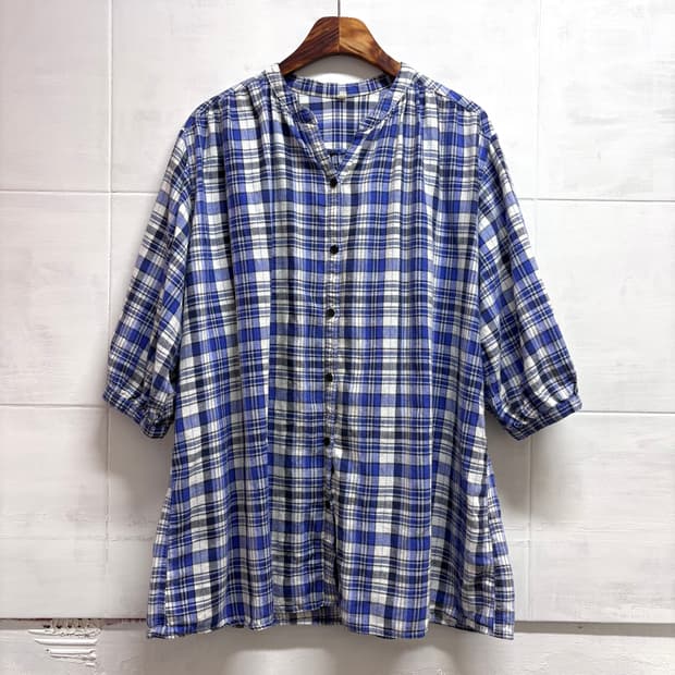 TOPVALU 린넨 코튼 모리걸 체크 블라우스 JPN