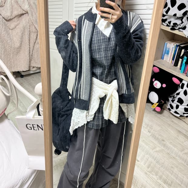 빈티지 코디셋 세로 스트라이프 니트 집업 가디건 트위드체크 원피스