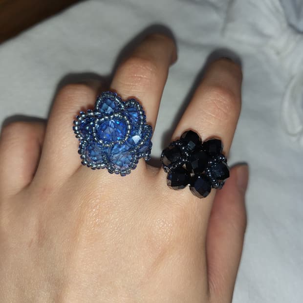 플라워 블루블랙베리 비즈 꽃반지 set