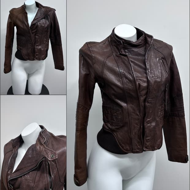 브라운 사선 비대칭 더블 클로징 레더 자켓