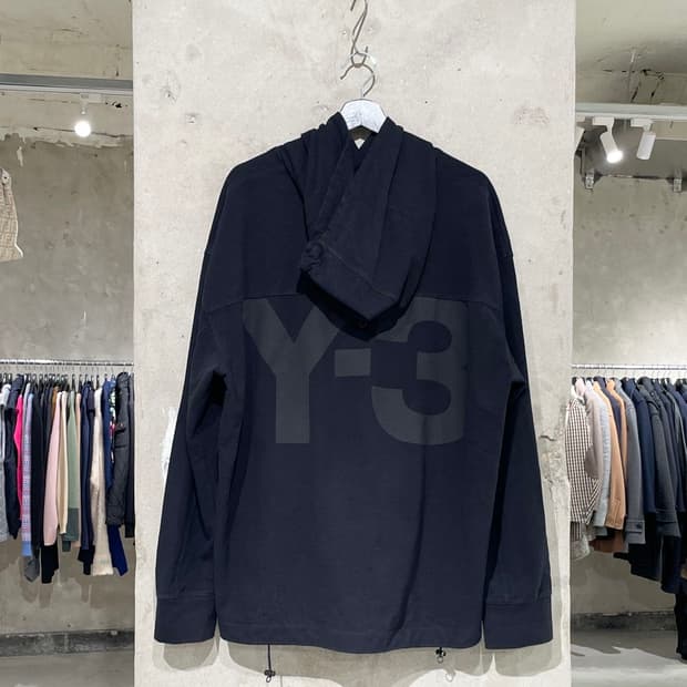 와이 쓰리 블랙 백 로고 스트링 오버 후디