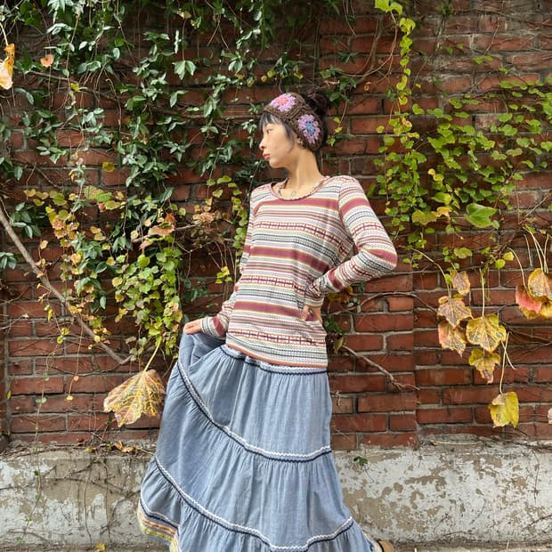 일본 빈티지무드 데님 코튼 롱스커트