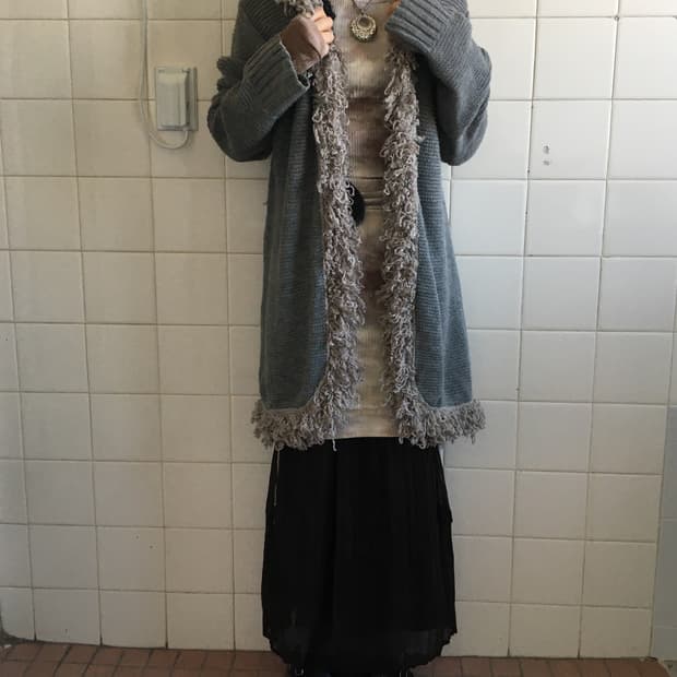 Fringe point tied hood knit cardigan