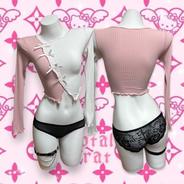 Half pink & white ribbon crop top