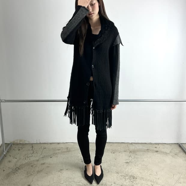 로엔 레더 프린지 울 롱코트