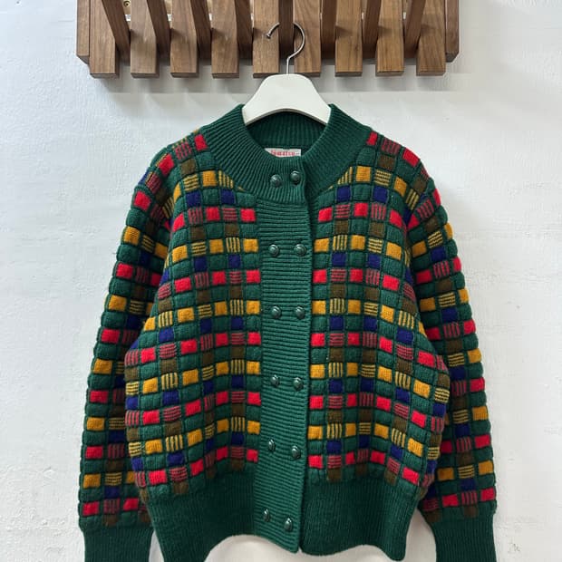일본빈티지 체크패턴 더블버튼 포인트 텍스처 니트 가디건
