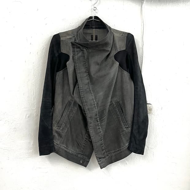 릭오웬스 2011 데님 레더 하이넥 드레이프 자켓